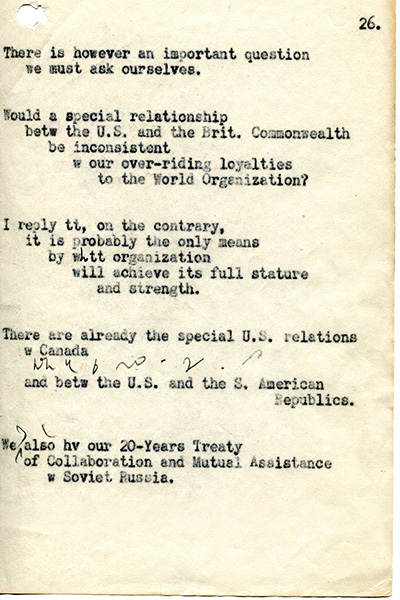page 26 of Churchill's typed draft of Sinews of Peace speech